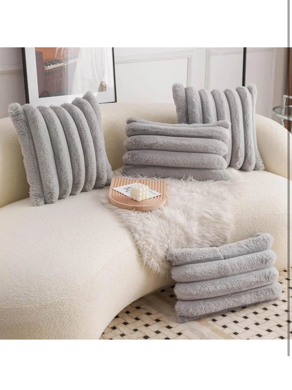 Grey Faux Fur Cozy Soft Striped Decorative Throw Pillow Covers 20x20 set of 2